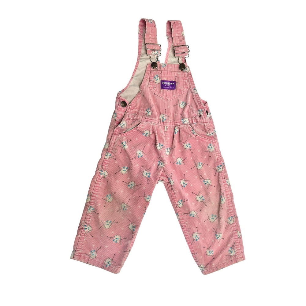 Vintage 90s OshKosh B'gosh Pink Corduroy Skiing Bunny Print Overalls Kids 2T
